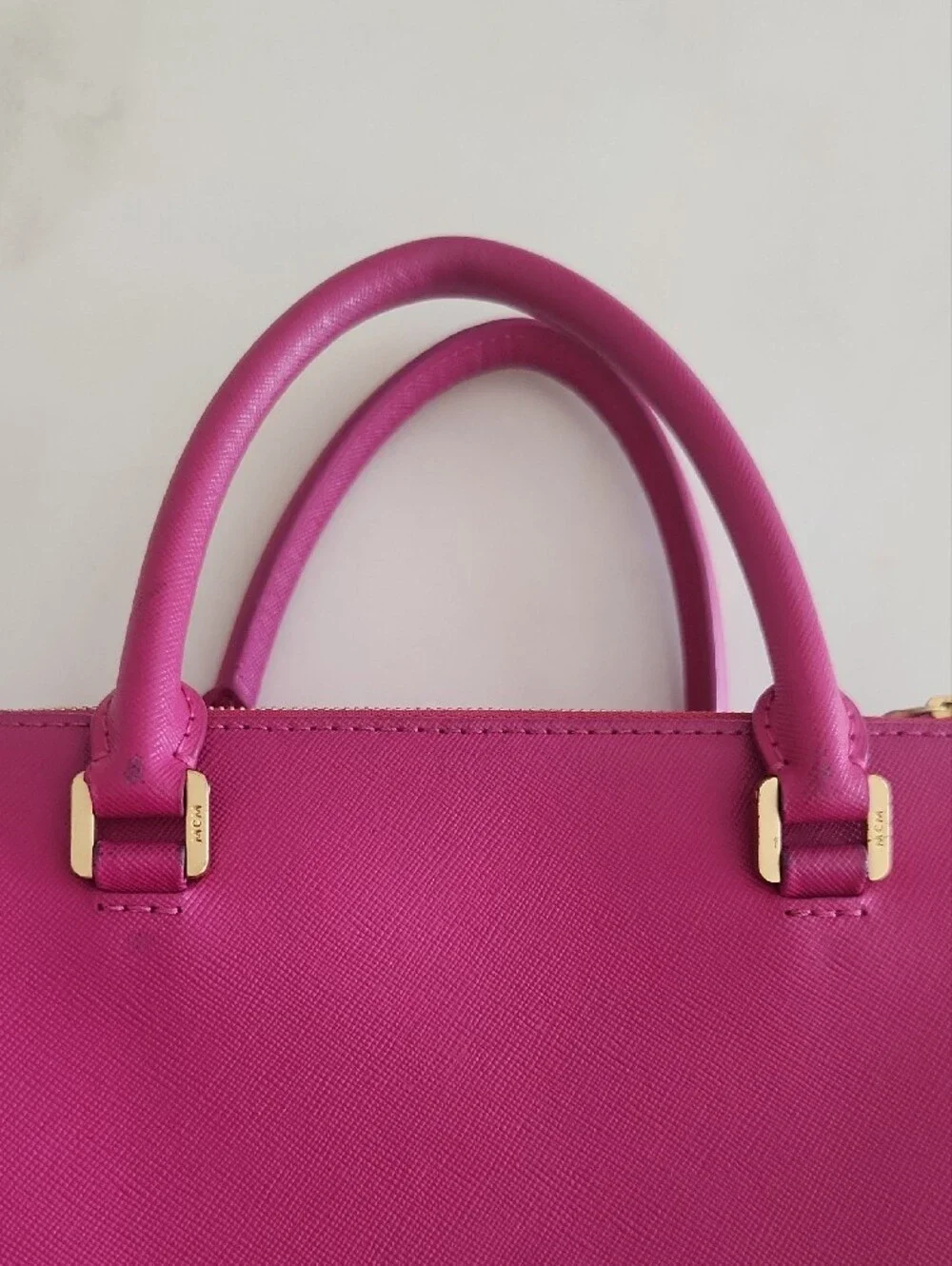 MCM Fuchsia Pink Saffiano Leather Top-Handle Satchel W/Crossbody Strap